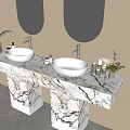 Bathroom Vanity With Double White Sinks Marble Countertop Round Mirrors Faucets And Decorative Plants