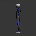 Man With White Hair In Black And Blue Armored Outfit Standing Pose