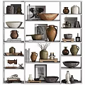Decorative Ornament Set With Vases Bowls Frames Sculptures And Books On Shelves