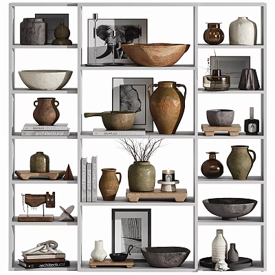 Decorative Ornament Set With Vases Bowls Frames Sculptures And Books On Shelves 3d model