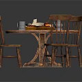 Round Wooden Dining Table With Three Chairs And Cake Pitcher Mug Setting 3d model