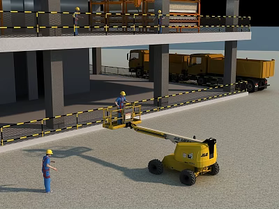 Industrial Equipment Aerial Work Platform With Workers Trucks And Safety Railings In Construction Site 3d model