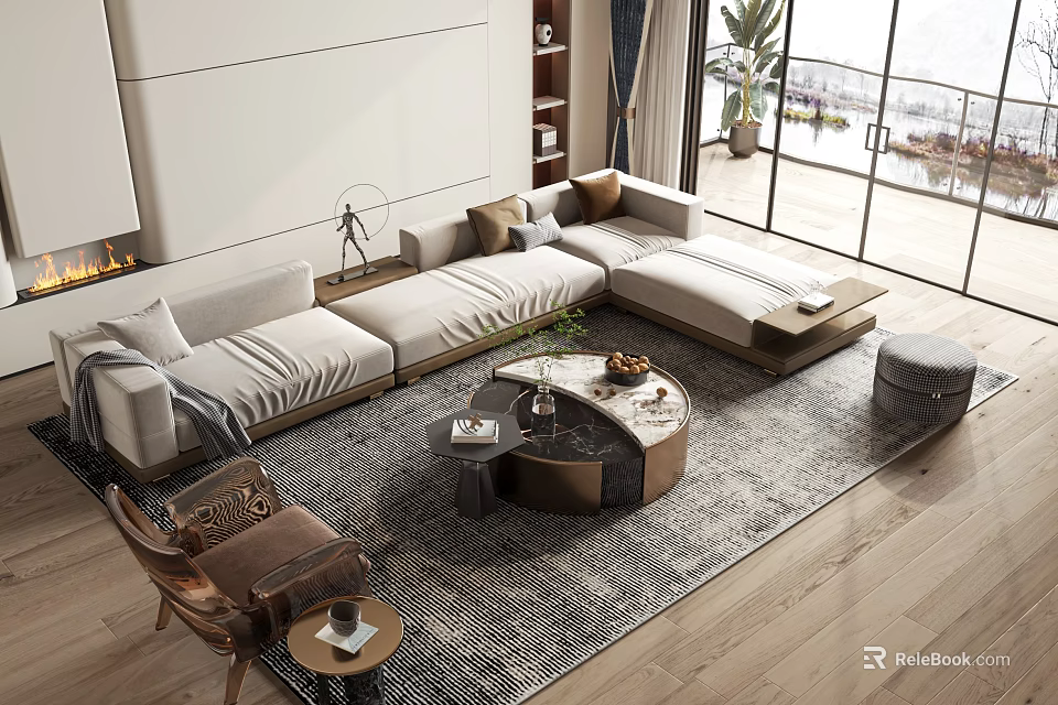 Modern L Shaped Sofa And Coffee Table Set With Area Rug And Floor Lamp In Living Room 3d model 
