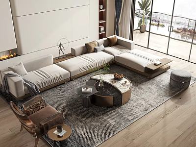 Modern L Shaped Sofa And Coffee Table Set With Area Rug And Floor Lamp In Living Room 3d model