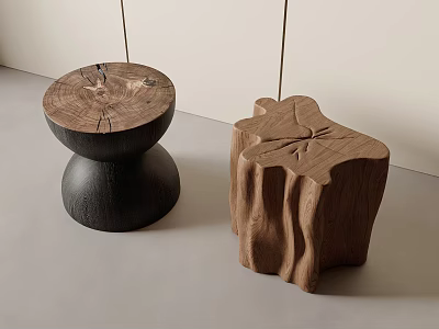 Wooden Stools with Natural Wood Grain Black Base and Carved Leaf Tree Stump Shape 3d model