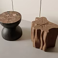 Wooden Stools with Natural Wood Grain Black Base and Carved Leaf Tree Stump Shape
