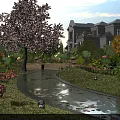 Garden Landscape With Winding Path Pink Flowering Tree Green Lawn Shrubs And Distant Mansion
