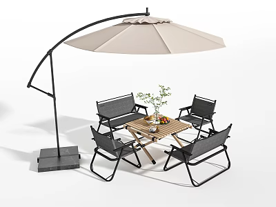 Outdoor Chairs With Metal Frame Under Cantilever Umbrella And Wooden Table Patio Set Potted Plant 3d model