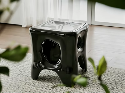 Black Modern Stool With Unique Curved Legs In Indoor Plant Setting 3d model