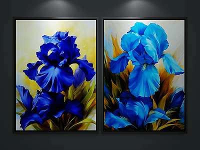 Two Blue Iris Plant Paintings With Yellow Green Leaves As Vibrant Wall Art Decor 3d model