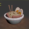 Tasty Noodle Bowl With Halved Fried Eggs Sliced Meat Chopped Green Onions And Chopsticks