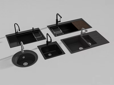 Black Kitchen Sinks In Different Styles With Faucets And Drain Boards 3d model