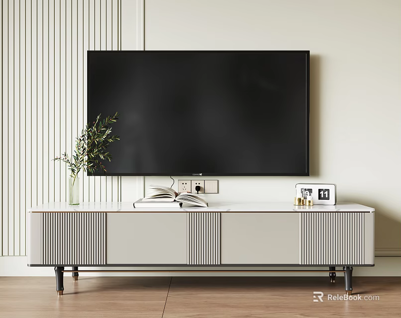 Sleek Modern TV Stand with Vertical Slats Metal Legs Vase Books and Wall Mounted TV 3d model 
