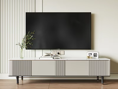 Sleek Modern TV Stand with Vertical Slats Metal Legs Vase Books and Wall Mounted TV 3d model