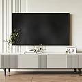 Sleek Modern TV Stand with Vertical Slats Metal Legs Vase Books and Wall Mounted TV