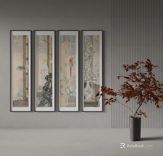 Traditional Chinese Scroll Paintings On Gray Wall With Red Leaf Plant Decor 3d model 