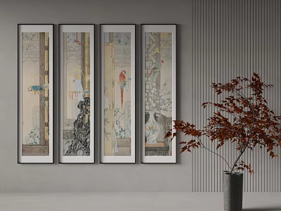 Traditional Chinese Scroll Paintings On Gray Wall With Red Leaf Plant Decor 3d model
