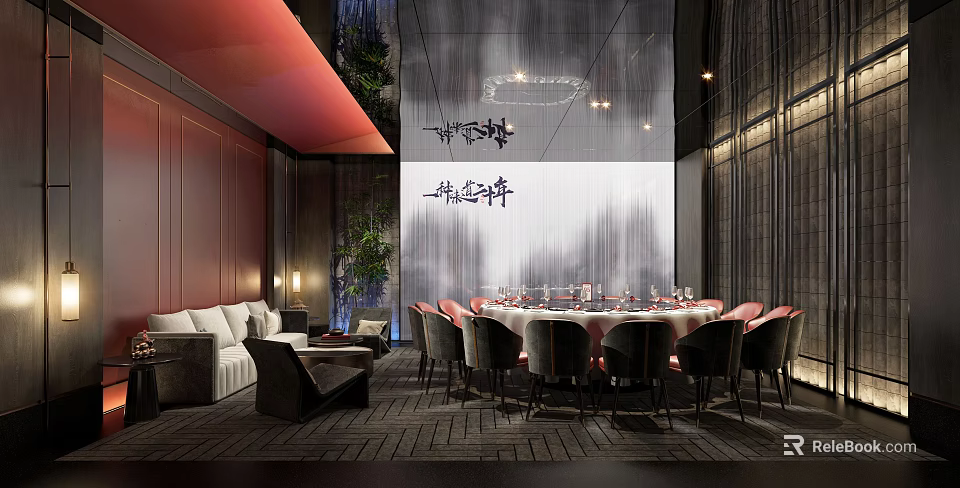 Elegant Private Dining Room With Round Table Red Chairs Sofa And Green Plants 3d model 