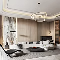 Modern Living Dining Room Interior With Sofa Coffee Table TV Unit And Chandelier