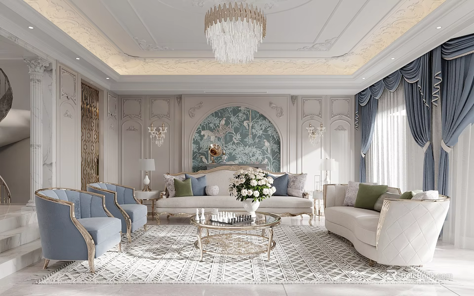 Luxury Living Room Interior Design With Crystal Chandelier White Sofa Blue Armchairs And Ornate Carpet 3d model 