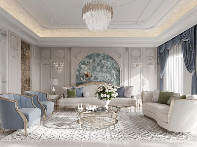 Luxury Living Room Interior Design With Crystal Chandelier White Sofa Blue Armchairs And Ornate Carpet 3d model