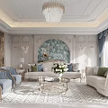 Luxury Living Room Interior Design With Crystal Chandelier White Sofa Blue Armchairs And Ornate Carpet