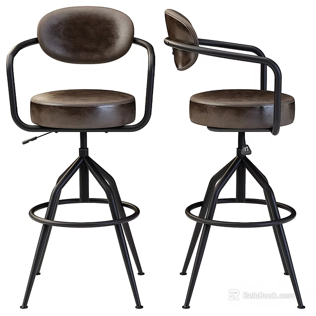 Leather Bar Stools With Black Metal Frame Ergonomic Armrests And Adjustable Height 3d model 