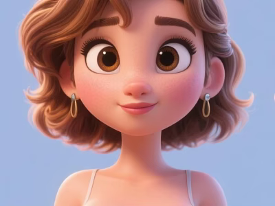Cartoon Woman With Brown Curly Hair Big Eyes Earrings Sling Top On Light Blue Background 3d model