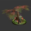 Cartoon Scenic Design With Large Tree Green Leaves Stone Lantern And Green Grass Stones