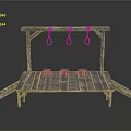 Rustic Wooden Platform Structure With Top Beam Three Hooks And Small Stools