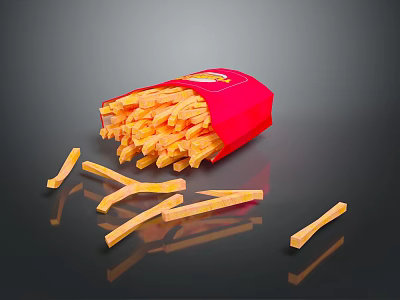 Crispy French Fries Spilled From Red Packaging On Black Surface 3d model