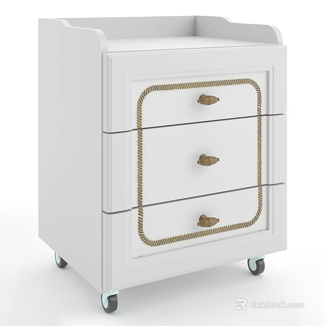 White Bedside Nightstand With Three Drawers Gold Handles Braided Trim And Wheels 3d model 