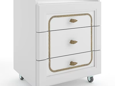 White Bedside Nightstand With Three Drawers Gold Handles Braided Trim And Wheels 3d model