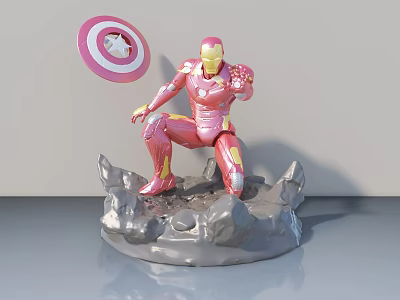Red And Gold Iron Man Action Figure With Shield On Gray Rock Base 3d model