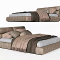 Modern Double Bed With Leather Frame Gray Brown Blanket And Cozy Pillows