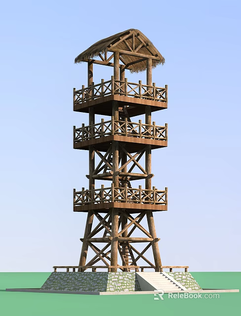 Wooden Multi Level Tower With Railings Against Blue Sky Background 3d model