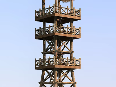 Wooden Multi Level Tower With Railings Against Blue Sky Background 3d model