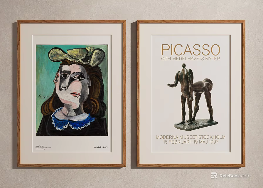 Framed Picasso Artworks With Painting And Sculpture Exhibition Poster On Wall 3d model 