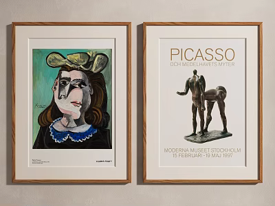 Framed Picasso Artworks With Painting And Sculpture Exhibition Poster On Wall 3d model