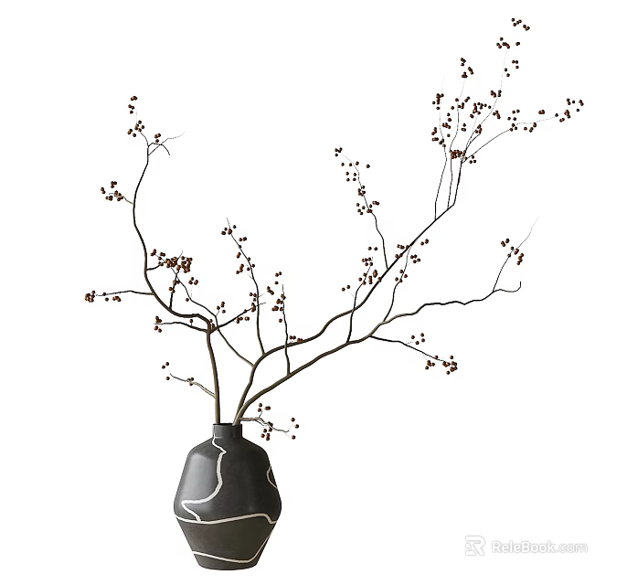 Minimalist Black Vase With White Lines Holding Branches And Red Berries For Interior Decor 3d model 