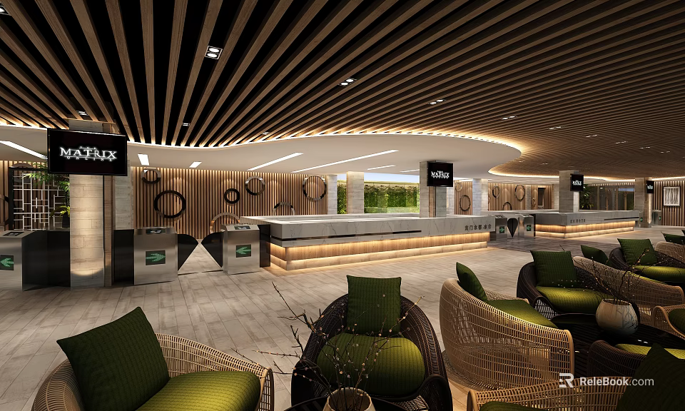 Modern Clubhouse Lobby Interior With Sofa Seating Front Desk And Wooden Ceiling 3d model 