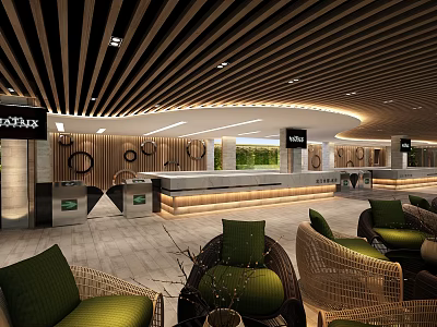 Modern Clubhouse Lobby Interior With Sofa Seating Front Desk And Wooden Ceiling 3d model