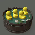 Cute Yellow Ducklings in Cartoon Wooden Bucket Pool with Lotus Leaves Flower and White Pebbles
