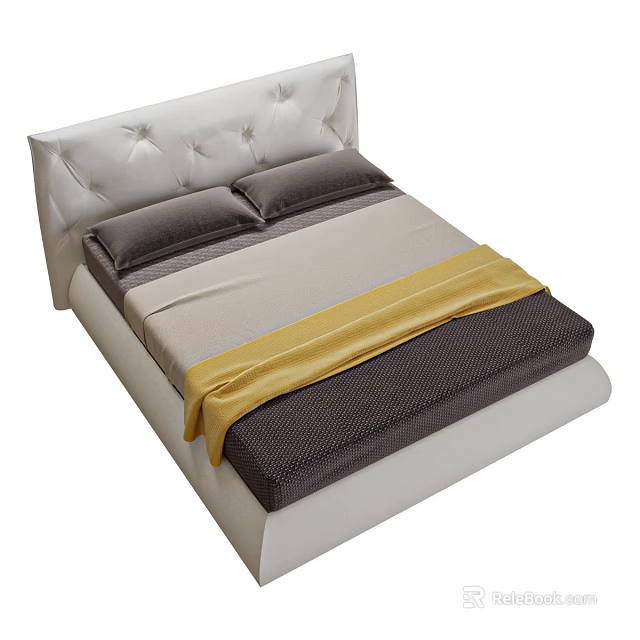 Double Bed with White Tufted Headboard Gray Pillows Beige Dark Gray Sheets and Yellow Blanket 3d model 