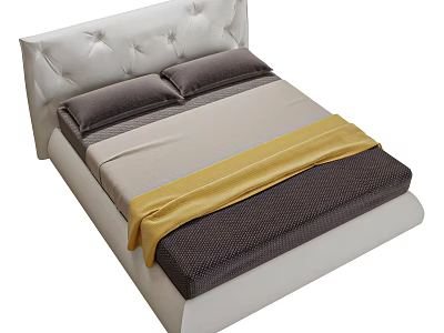 Double Bed with White Tufted Headboard Gray Pillows Beige Dark Gray Sheets and Yellow Blanket 3d model