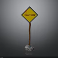 Yellow Diamond Caution Sign With Red Exclamation Mark And Brown Pole Stone Base