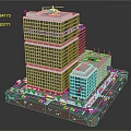 Cartoon Style City Scene with Tall Glass Buildings Helicopter on Rooftop Street Vehicles and Greenery