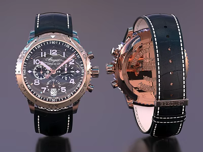 Luxury Mechanical Wristwatch Black Dial Rose Gold Bezel Leather Strap White Stitching Design 3d model