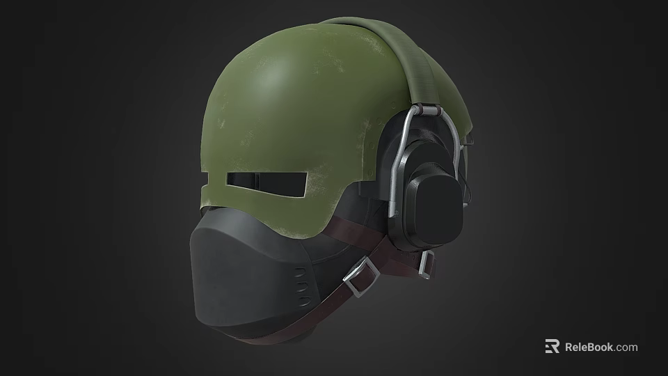 Military Tactical Weapon Helmet With Green Shell Headphones And Face Mask 3d model 