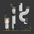Ornate Architectural Scene Component With Colorful Columns Curved Pipes And Red Accents